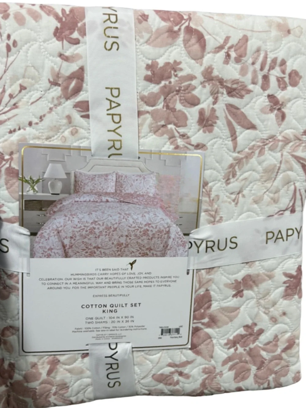 Papyrus Pink and White Cotton King Floral Quilt 104”x90”